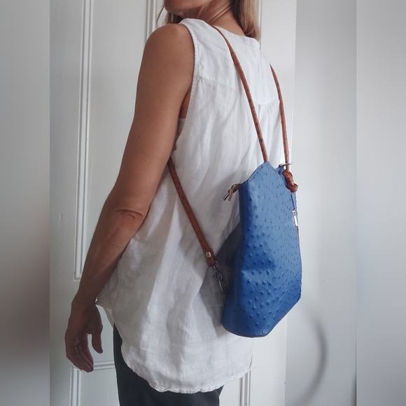 Borse in Pelle Italian Ostrich Leather Tote/Backpack Royal Blue and Tan - Picture 3 of 14